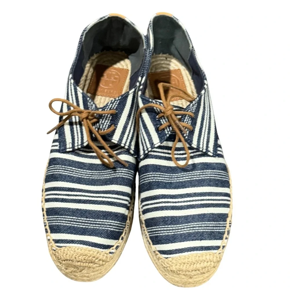 Tory Burch Florence Platform Espadrilles Women 9 Blue White Striped Canvas Shoes